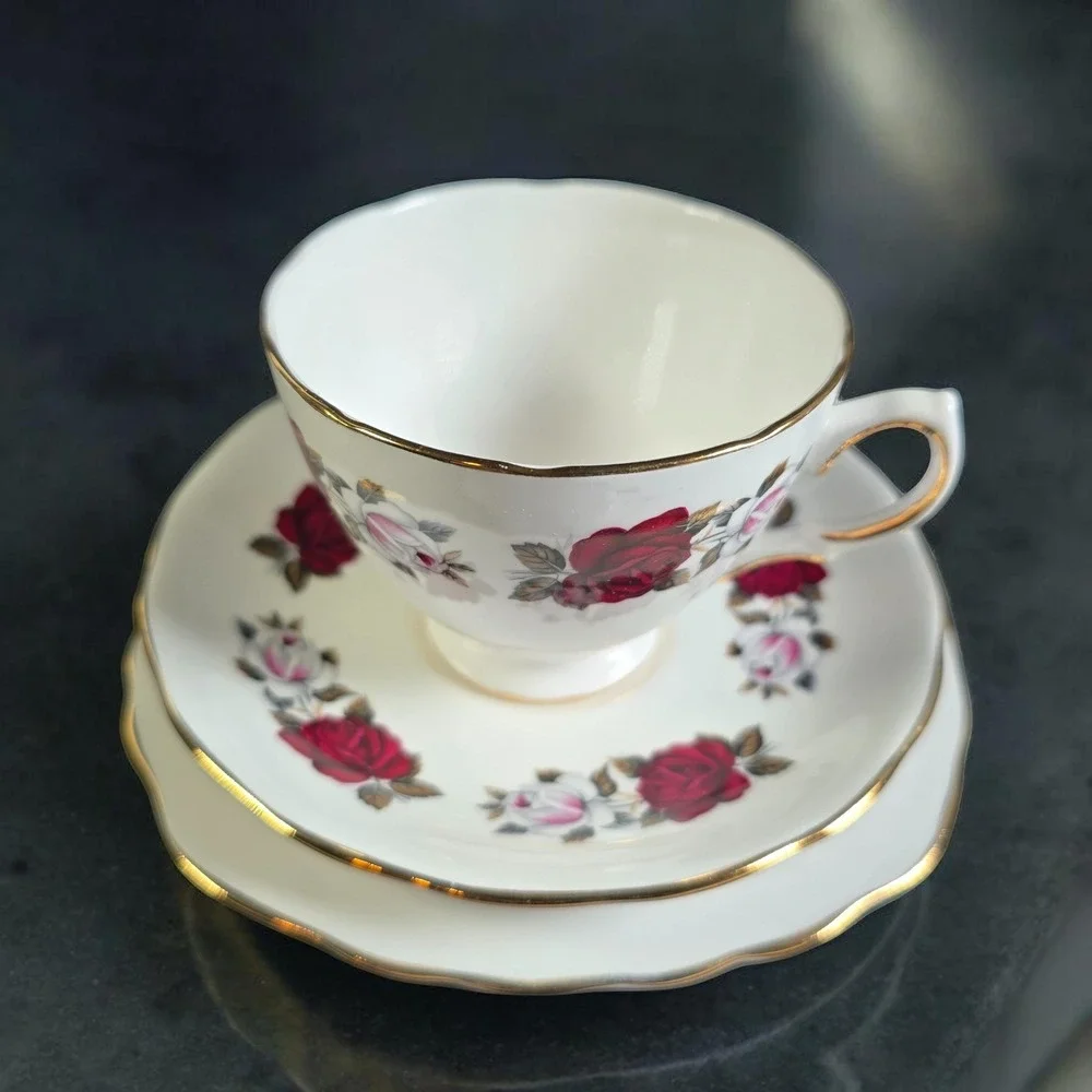 Royal Vale Bone China Tea Trio Red White Rose‎ Pattern Made in England Vintage